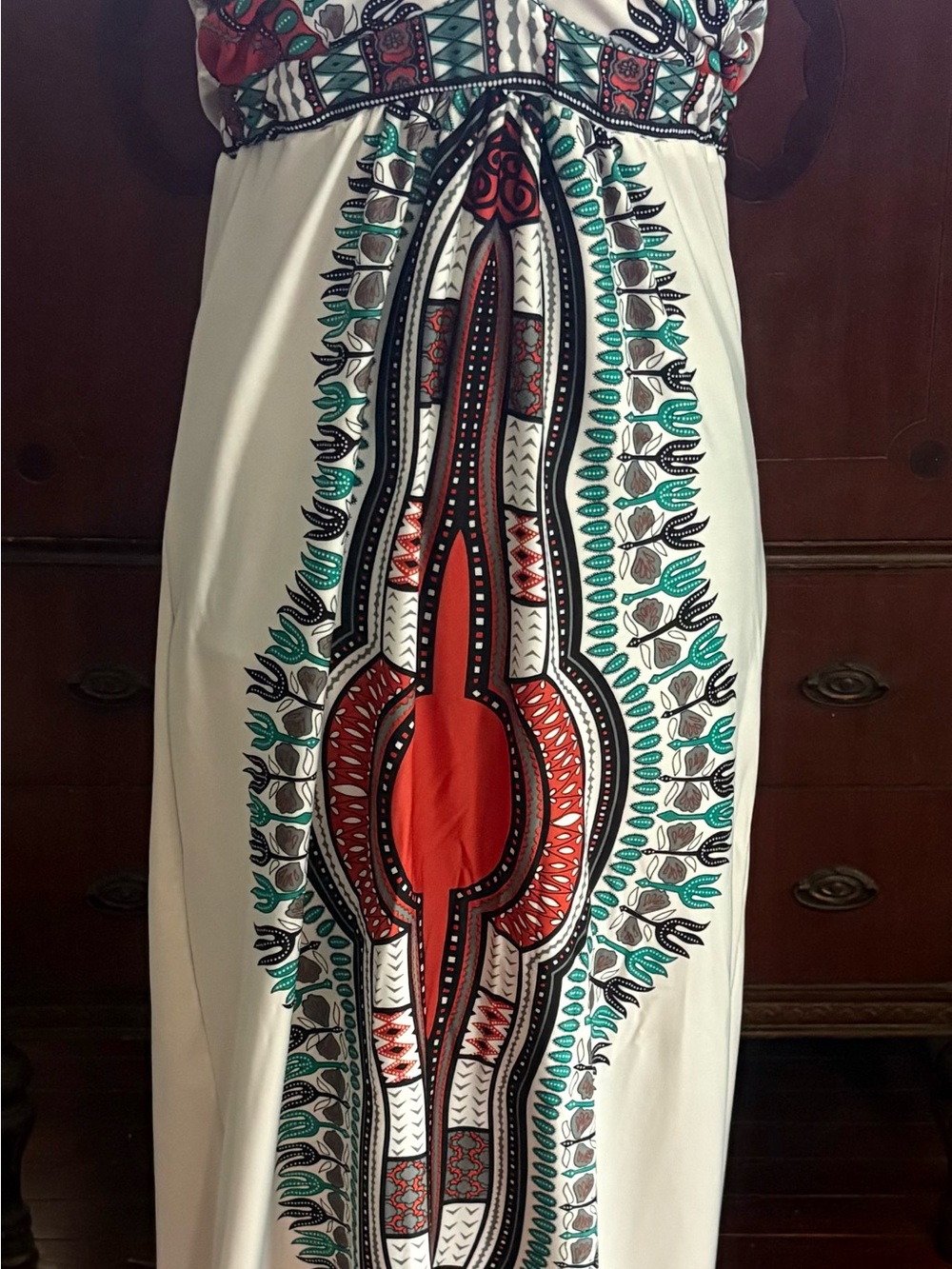 Cream Maxi Dress with Red and Teal Tribal Print